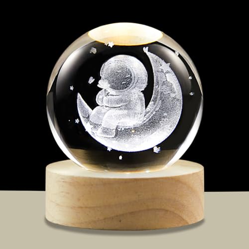 hochance 3D Moon Crystal Ball Lamp with Adjustable Brightness LED Wooden Base,Night Light for Kids Teens Adults,Birthday Gift Home Desk Office Bedroom Decor (6cm / 2.4”)