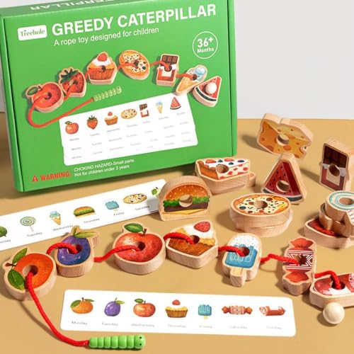 Hoghaki Wooden Greedy Caterpillar Rope Toy - Educational String Beaded Toys, Fruit Lacing Beads, Fruit & Vegetable Caterpillar Lacing Bead String Game, m-ontessori Threading Toys for 2+ Year Olds