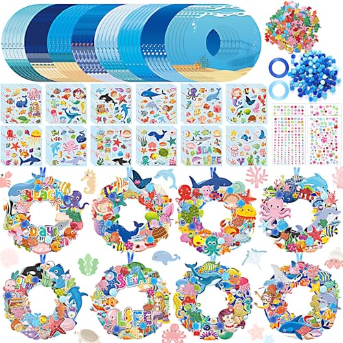 Hollowfly 48 Sets Summer Ocean Wreath Craft Kits DIY Under The Sea Wreath Hanging Ornaments Ocean Make Your Own Paper Craft with Stickers for Home Summer Sea Beach Party Favors Activities