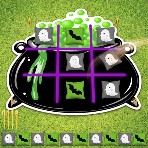 Hollowfly Halloween Tic Tac Toe Bean Bag Game Bubbling Pot Party Favors Bean Pillow Cushion Family Night Halloween Activities 1 Pot Felt Mat 10 Bats and Ghosts Bags for Indoor Outdoor Yard Background