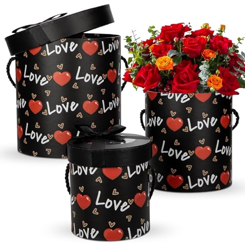 Hollyone Valentine Gift Box for Women Men with Lids Set of 3 Round Nesting Gift Boxes Cylinder for Presents 3 Assorted Size Flowers Arrangements Boxes for Giving Valentine Gifts Present Wrapping Black