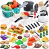 HOLYFUN 74-Pcs Kids Play Kitchen Accessories, Toddler Pretend Cooking Set, Toy Cookwares Set with Toy Pots and Pans, Cutting Play Food, Shopping Basket, Kitchen Gift for Boys Girls
