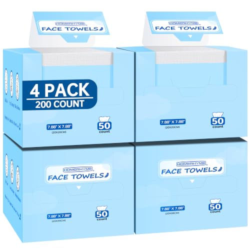HOMERHYME Disposable Face Towels, 200 Count Biodegradable Face Towelettes, Lint- free Makeup Remover Dry Wipes, Multi-Purpose Face Washcloths for Washing Face, Sensitive Skin & Travel, 4 Boxes
