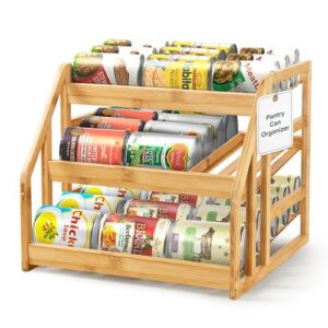 HOMESTEAD Bamboo Can Organizer for Pantry - 3 Tier Rack with Adjustable Dividers, Gravity Feed Canned Goods Organizer, 36 Cans Soda Storage