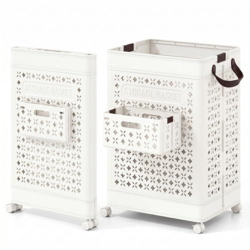 HOMGX 75L Collapsible Laundry Basket, Plastic Rolling Laundry Hamper with Wheels & Handles Large Foldable Dirty Clothes Storage Organizer for Bathroom Bedroom Dorm Laundry Room, White