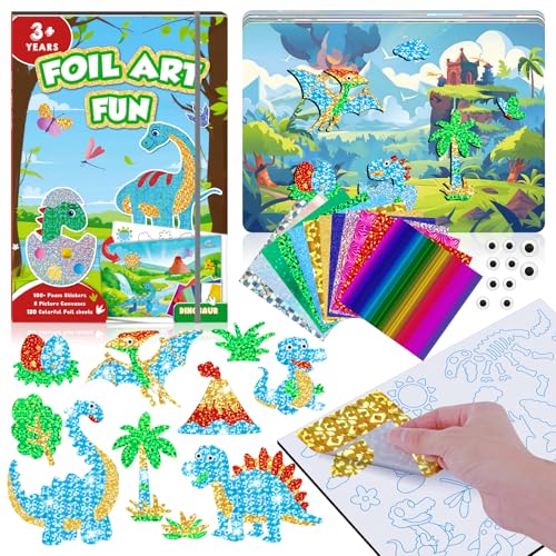 homicozy Art & Craft Activity for Kids-Foil Fun Dinosaur,No Mess Art Crafts for Girls,DIY Foil Foam Stickers,Creative Activity Kits,Kids Travel Toys,Gifts for Girls & Boys Ages 4-10