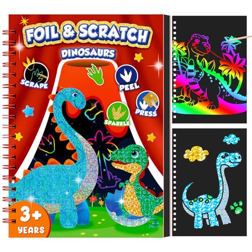 homicozy Art & Craft Activity for Kids - Foil Fun Dinosaurs & Scratch Art Book 2-in-1, No Mess Art Crafts for boys,DIY Creative Activity Kit,Gifts for Boys and Girls Ages 4, 5, 6, 7, 8, 9, Travel Toys