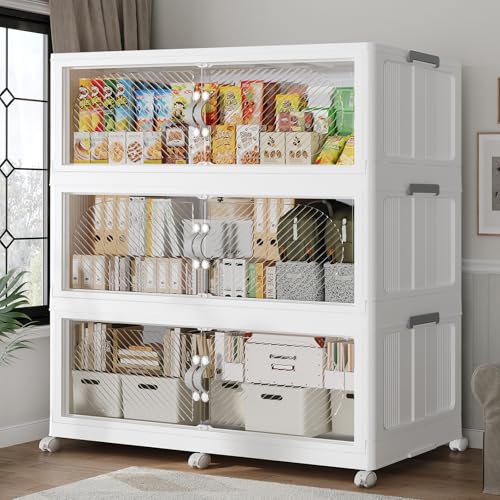 HOMJNIU 180GAL/720QT Plastic Storage Bins with Lids & Wheels, Collapsible Stackable Storage Boxes, Large Folding Cabinet Organizers for Closet Home Kitchen Office, 3Pack White