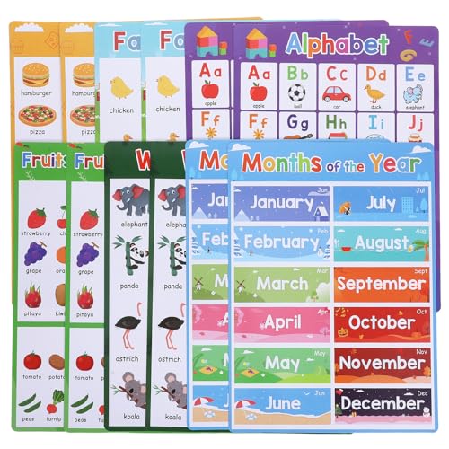 Homoyoyo 12pcs Educational Posters with Alphabet Animals Fruits and Months Preschool Classroom Decor for Kindergarten and Homeschooling, Sturdy Paper Material with Colorful Design