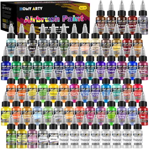 HOMY ARTY Airbrush Paint - 64 Colors with 8 Thinner, with Model Colors Airbrush Paint Set, Ready to Spray Water-Based Acrylic Air Brush Paints for Metal, Plastic Models, Canvas, Wood - 72 Bottles