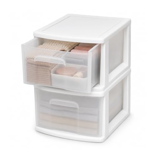 HOMZ 2-Pack 1-Drawer Storage Cart, Clear Plastic Container, 14.25" Wide Medium, White Frame - Organizing Drawer Containers for Home, Bathroom, Bedroom, Office, and Classroom