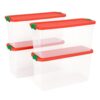 HOMZ 4-Pack Holiday Tote, Clear Plastic Storage Bins w/Lids & Dividers, 112 Quart, Red - Stackable Organizing Containers for Christmas Ornament Decorations, Gift Wraps, and Crafts