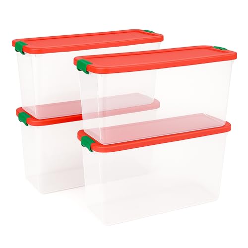 HOMZ 4-Pack Holiday Tote, Clear Plastic Storage Bins w/Lids & Dividers, 112 Quart, Red - Stackable Organizing Containers for Christmas Ornament Decorations, Gift Wraps, and Crafts