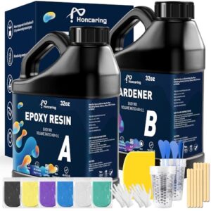 Honcaring Epoxy Resin 64OZ, Epoxy Resin Kit, Clear Resin Epoxy for Crafts, DIY Jewelry Making, Resin Mold, Mixing Ratio 1:1, Bubble Free & No Yellowing(32OZ×2)