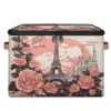 Honeybaby Storage Bins with Zipper Lid, Eiffel Tower Pink Rose Lidded Storage Baskets Boxes Foldable Organizer with Leather Handles for Clothes Closet Shelf