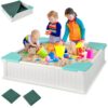 HONEY JOY 12.5" Kids Sandbox with Cover, 48 x 48 Inch Large HDPE Pit for Backyard, 4 Corner Seats & Bottom Liner, Sand Protection, All Weather Resistant Sand Boxes for Kids Outdoor (White)