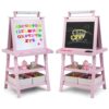 HONEY JOY Art Easel for Kids, 3-in-1 Double-Sided Wooden Toddler Easel w/Magnetic White Board & Chalkboard, Paper Roll, 2 Storage Bins, Painting Dry Erase, Kids Easel for Boys Girls Aged 3+ (Pink)