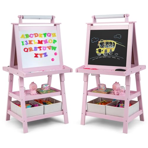 HONEY JOY Art Easel for Kids, 3-in-1 Double-Sided Wooden Toddler Easel w/Magnetic White Board & Chalkboard, Paper Roll, 2 Storage Bins, Painting Dry Erase, Kids Easel for Boys Girls Aged 3+ (Pink)