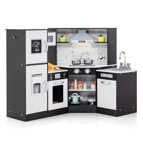HONEY JOY Corner Kids Kitchen Playset, Modular Wooden Play Kitchen for Toddlers, Range Hood, Separated Washing Basin, Little Chef Pretend Toy Kitchen Set w/Lights and Sounds(Coffee)