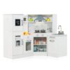 HONEY JOY Corner Kids Kitchen Playset, Modular Wooden Play Kitchen for Toddlers, Range Hood, Separated Washing Basin, Little Chef Pretend Toy Kitchen Set w/Lights and Sounds(White)