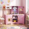 HONEY JOY Corner Kids Kitchen Playset, Wooden Toy Kitchen Set w/Lights & Sounds, Range Hood, Ice Maker & Coffee Maker, Microwave, Sink, Faucet, Little Chef Pretend Play Kitchen for Toddlers, Pink
