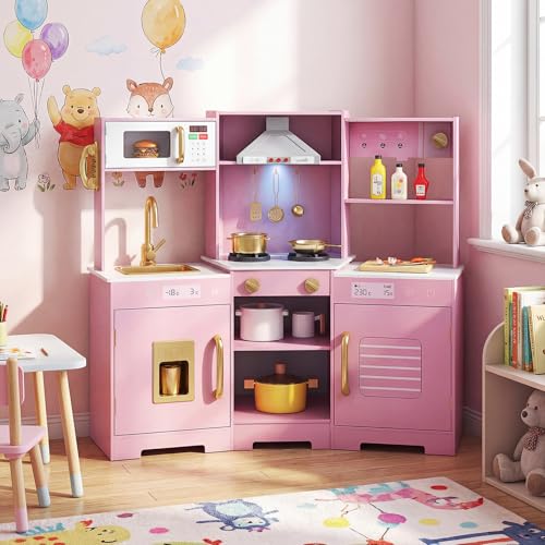 HONEY JOY Corner Kids Kitchen Playset, Wooden Toy Kitchen Set w/Lights & Sounds, Range Hood, Ice Maker & Coffee Maker, Microwave, Sink, Faucet, Little Chef Pretend Play Kitchen for Toddlers, Pink
