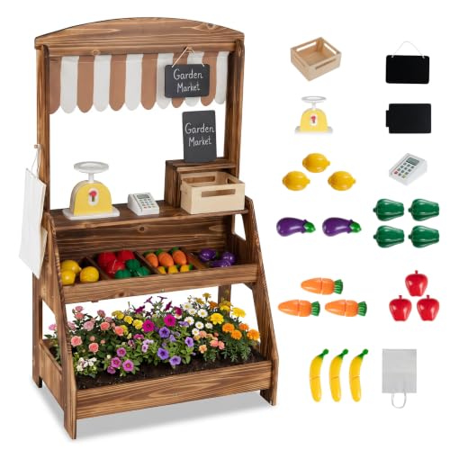 HONEY JOY Kids Farmers Market Stand with Planter Box, Fir Wood Outdoor Mud Kitchen & Grocery Store Pretend Play, 25 Vegetable Accessories, Chalkboard, Montessori Play Store for Toddlers (Brown)