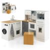 HONEY JOY Kids Kitchen Playset, 2-Piece Modular Wooden Corner Toy Kitchen Set/Washing Machine & Sink, Coffee Maker, Range Hood & Stove, Stool, Little Chef Pretend Play Kitchen for Toddlers, Natural