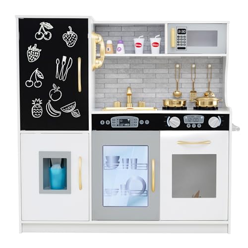 HONEY JOY Kids Kitchen Playset, Wooden Little Chef Pretend Toy Kitchen Set w/Chalkboard, Telephone, Utensils, Oven, Microwave, Sink, Storage, Play Kitchen for Toddlers Boys Girls, White Golden