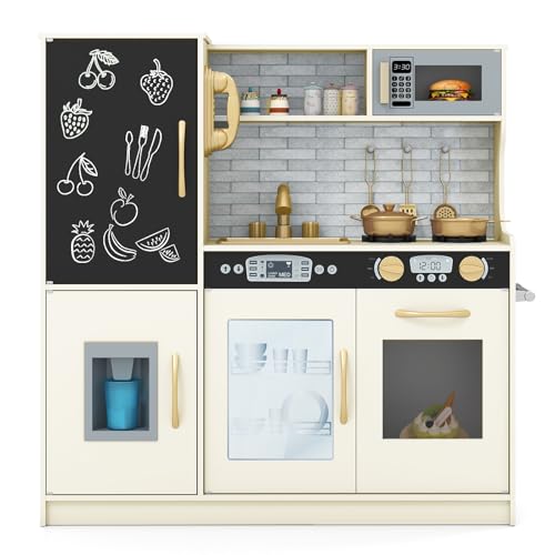 HONEY JOY Kids Kitchen Playset, Wooden Little Chef Pretend Toy Kitchen Set w/Chalkboard, Telephone, Utensils, Oven, Microwave, Sink, Storage, Play Kitchen for Toddlers Boys Girls, Cream