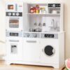 HONEY JOY Kids Kitchen Playset, Wooden Play Kitchen for Toddlers, Water Dispenser, Stove, Faucet, Microwave, Washing Machine, Utensils, Little Chef Pretend Toy Kitchen Set for Boys Girls, White