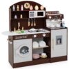 HONEY JOY Kids Kitchen Playset, Wooden Toy Kitchen Set w/Lights, Coffee Maker, Microwave, Sink, Ice Maker, Washing Machine, Little Chef Pretend Play Kitchen for Toddlers Boys Girls (Coffee)