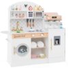 HONEY JOY Kids Kitchen Playset, Wooden Toy Kitchen Set w/Lights, Coffee Maker, Microwave, Sink, Ice Maker, Washing Machine, Little Chef Pretend Play Kitchen for Toddlers Boys Girls (White)