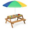 HONEY JOY Kids Picnic Table, 4 in 1 Cedar Wooden Sand & Water Table w/ 2 Removable Box & Umbrella, Kids Picnic Tables for Outdoors Backyard Garden, Toddler Patio Furniture Set for Boys Girls(Colorful)