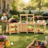 HONEY JOY Mud Kitchen, 3-Piece Modular Wooden Toddlers Play Kitchen/Pizza Counter Playset/Oven Barbecue Grill, Play Food and Accessories, Little Chef Pretend Mud Kitchen for Kids Outdoors, Natural