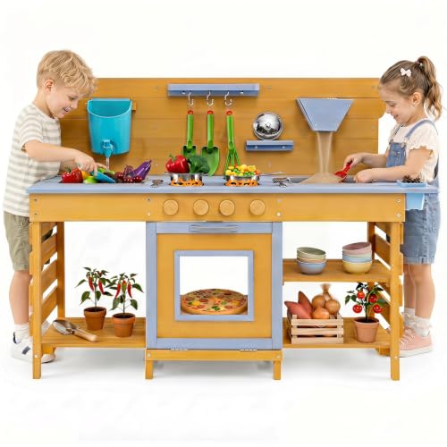 HONEY JOY Mud Kitchen, 44.5” Cedar Wood Pretend Play Kitchen for Toddler, Real Faucet w/Running Water, Sink, Accessories, Planter Box, Outdoor Kids Kitchen Playset for Garden Fun, Natural