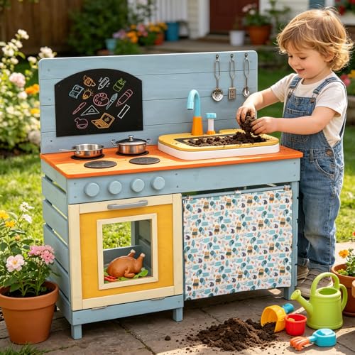 HONEY JOY Mud Kitchen, Cedar Wood Pretend Play Kitchen for Toddler, Real Faucet w/Running Water, Sink, Cook Accessories, Chalkboard, Storage Cabinet, Outdoor Kids Kitchen Playset for Garden Fun, Blue
