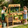 HONEY JOY Mud Kitchen, Fir Wood Pretend Play Kitchen for Toddlers, Plant Box, Real Faucet & Running Water, Garden Tools, Outdoor Mud Table for Patio Backyard Fun (Natural)