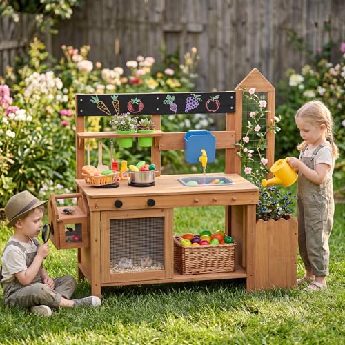 HONEY JOY Mud Kitchen, Fir Wood Pretend Play Kitchen for Toddlers, Plant Box & Trellis, Real Faucet & Running Water, Critter Observation Box, Accessories, Outdoor Mud Table for Garden Fun(Brown)