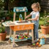 HONEY JOY Mud Kitchen with Running Water and Wheels, Fir Wood Mud Table Grill Set for Kids Outdoor, Montessori Outdoor Play Kitchen for Toddlers, Children Backyard Furniture for Garden Patio