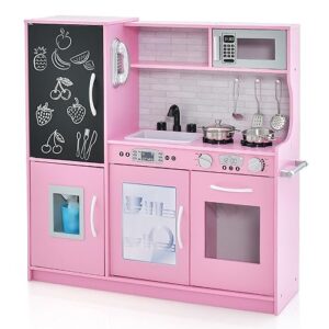 HONEY JOY Pink Kids Kitchen Playset, Wooden Little Chef Pretend Toy Kitchen Set w/Chalkboard, Telephone, Utensils, Oven, Microwave, Sink, Play Kitchen for Toddlers, Gift for Boys Girls, Pink