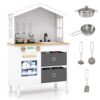 HONEY JOY Play Kitchen, Farmhouse Pretend Play Wooden Toy Kitchen Set with Stove, Sink, Faucet, 2 Storage Boxes, Cookware, Interactive Little Chef Kids Kitchen Playset for Toddler Boys Girls(White)
