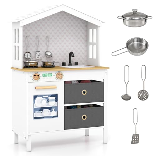HONEY JOY Play Kitchen, Farmhouse Pretend Play Wooden Toy Kitchen Set with Stove, Sink, Faucet, 2 Storage Boxes, Cookware, Interactive Little Chef Kids Kitchen Playset for Toddler Boys Girls(White)