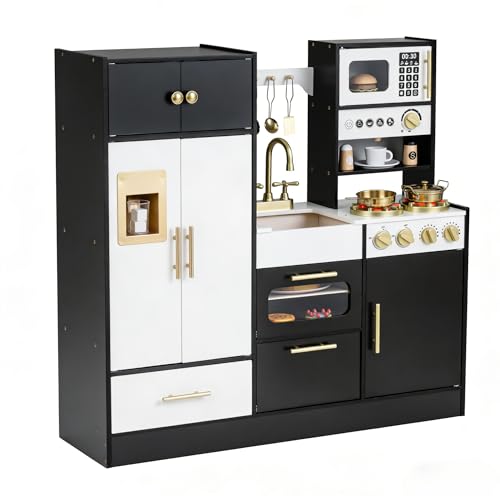 HONEY JOY Play Kitchen for Toddlers, Wooden Pretend Toy Kitchen Set w/Coffee Maker & Ice Maker, Microwave, Oven w/Lights and Sound, Storage Cabinet, Little Chef Kids Kitchen Playset, Black