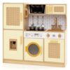 HONEY JOY Play Kitchen, Rattan Design Wooden Toy Kitchen Set for Toddlers, Stove with Lights & Water Dispenser, Range Hood, Cookware, Pretend Play Kids Kitchen Playset, Gift for Boys Girls (Yellow)