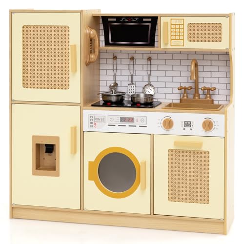 HONEY JOY Play Kitchen, Rattan Design Wooden Toy Kitchen Set for Toddlers, Stove with Lights & Water Dispenser, Range Hood, Cookware, Pretend Play Kids Kitchen Playset, Gift for Boys Girls (Yellow)