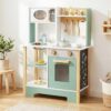 HONEY JOY Play Kitchen with Chalkboard, Wooden Kids Kitchen Playset, Stove, Microwave, Faucet & Sink, 13 Cook Accessories, Storage Cabinet, Toy Kitchen Set, Gift for Toddlers Boys Girls, Green