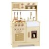 HONEY JOY Play Kitchen, Wooden Pretend Toy Kitchen Set w/Coffee Maker & Ice Maker, Cookware, Microwave, Oven with Lights and Sound, Rattan Little Chef Kids Kitchen Playset for Toddlers Gift, Yellow