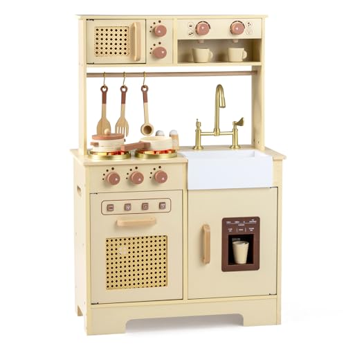 HONEY JOY Play Kitchen, Wooden Pretend Toy Kitchen Set w/Coffee Maker & Ice Maker, Cookware, Microwave, Oven with Lights and Sound, Rattan Little Chef Kids Kitchen Playset for Toddlers Gift, Yellow