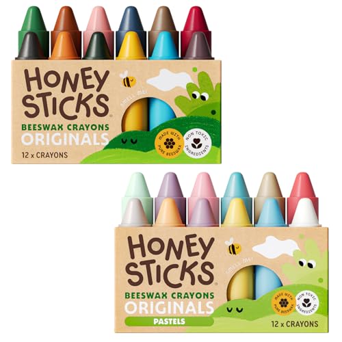 Honeysticks 100% Pure Beeswax Crayons - 12 Pack of Classic Colors PLUS a 12 Pack of NEW Pastel Colors - Non Toxic Crayons, Safe for Babies and Toddlers, For 1 Year Plus